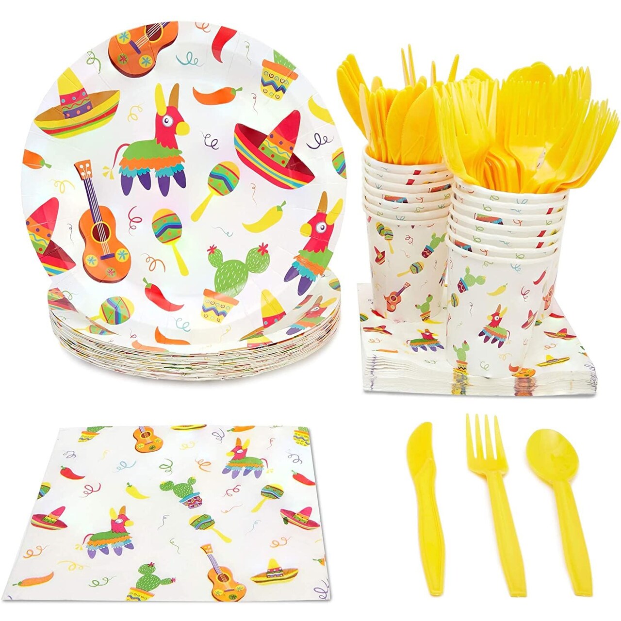BLUE PANDA Fiesta Plates & Napkins Dinnerware Set - 144-Piece, Serves 24, Multicolor Cartoon Paper - Taco Party Plates & Cups - Mexican Themed Tableware - Fiesta Party Supplies